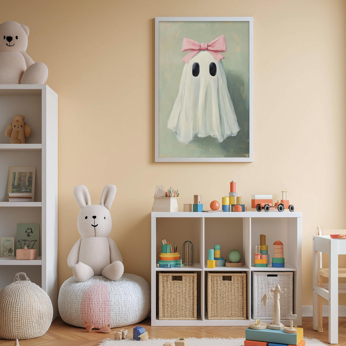 A cozy children's room with a white bookshelf, a plush bunny, a framed ghost, and a toy train set.