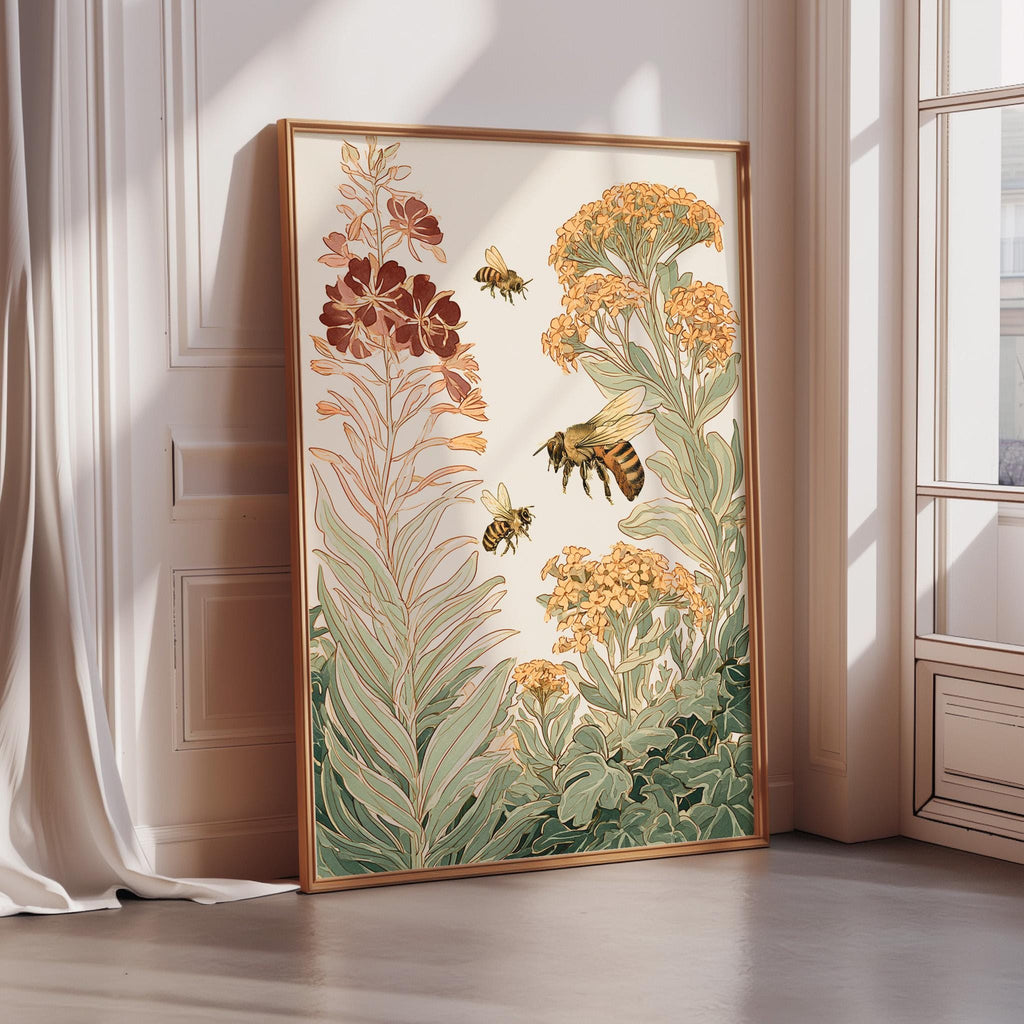 A framed illustration of a vibrant garden scene with a variety of flowers and plants, including a prominent bee in flight.