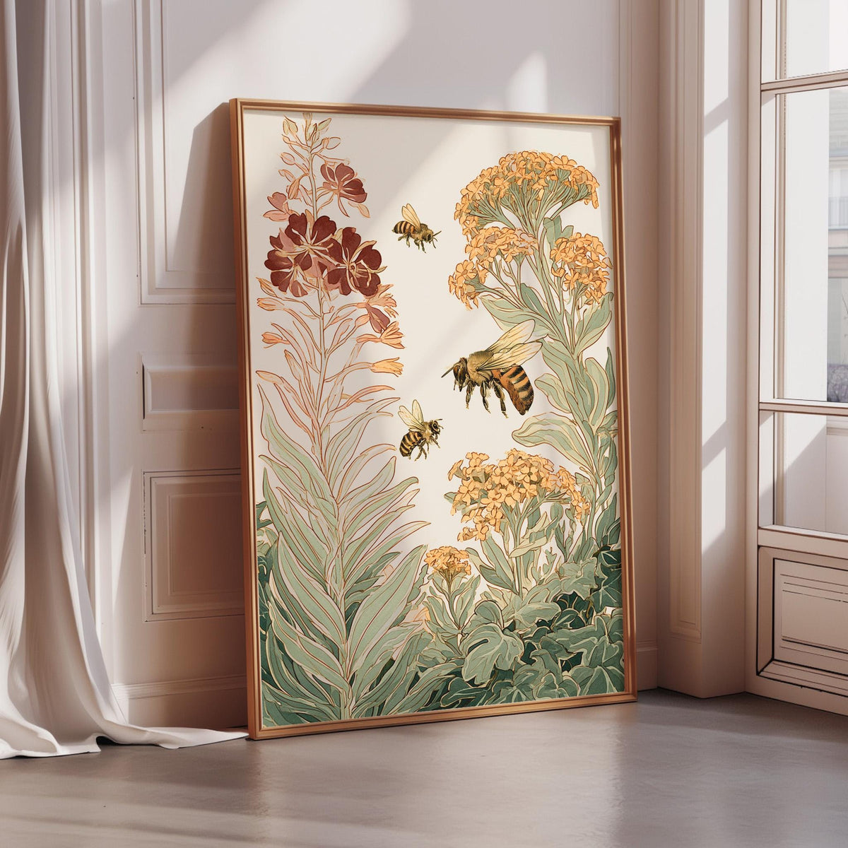 A framed illustration of a vibrant garden scene with a variety of flowers and plants, including a prominent bee in flight.