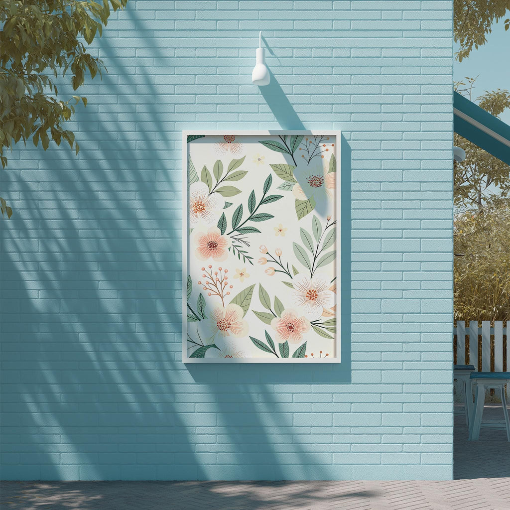 a blue brick wall with a framed floral print hanging on it. The print has a white frame and a floral design with pink and green flowers and leaves. The wall is situated next to a wooden deck and a tree, creating a serene and inviting outdoor setting.