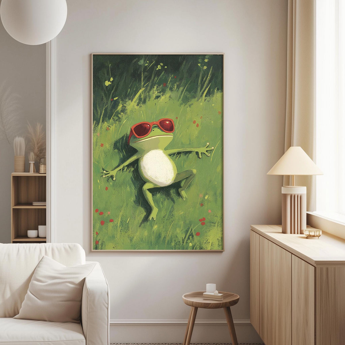 a painting of a frog wearing sunglasses, sitting in a grassy field with flowers.