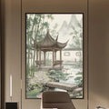 a modern and minimalist office space with a large oriental-style painting on the wall, a wooden desk with a chair, and built-in bookshelves.