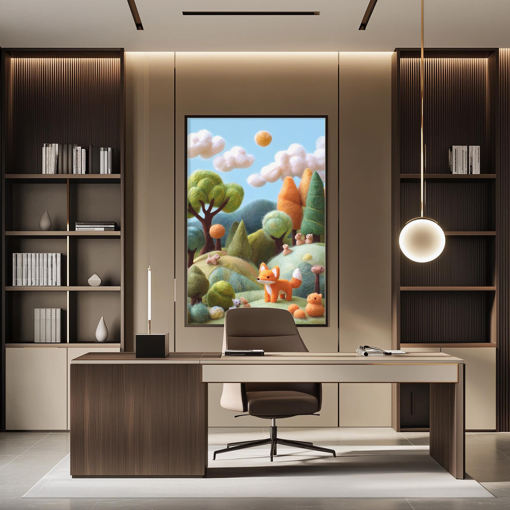 a modern office space with a large, colorful painting of a forest scene hanging on the wall above a desk with a chair.