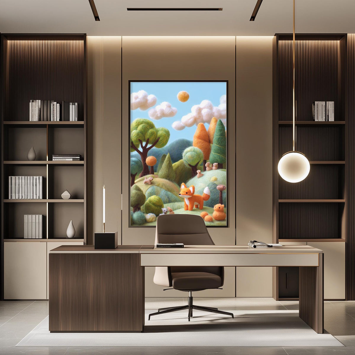 a modern office space with a large, colorful painting of a forest scene hanging on the wall above a desk with a chair.