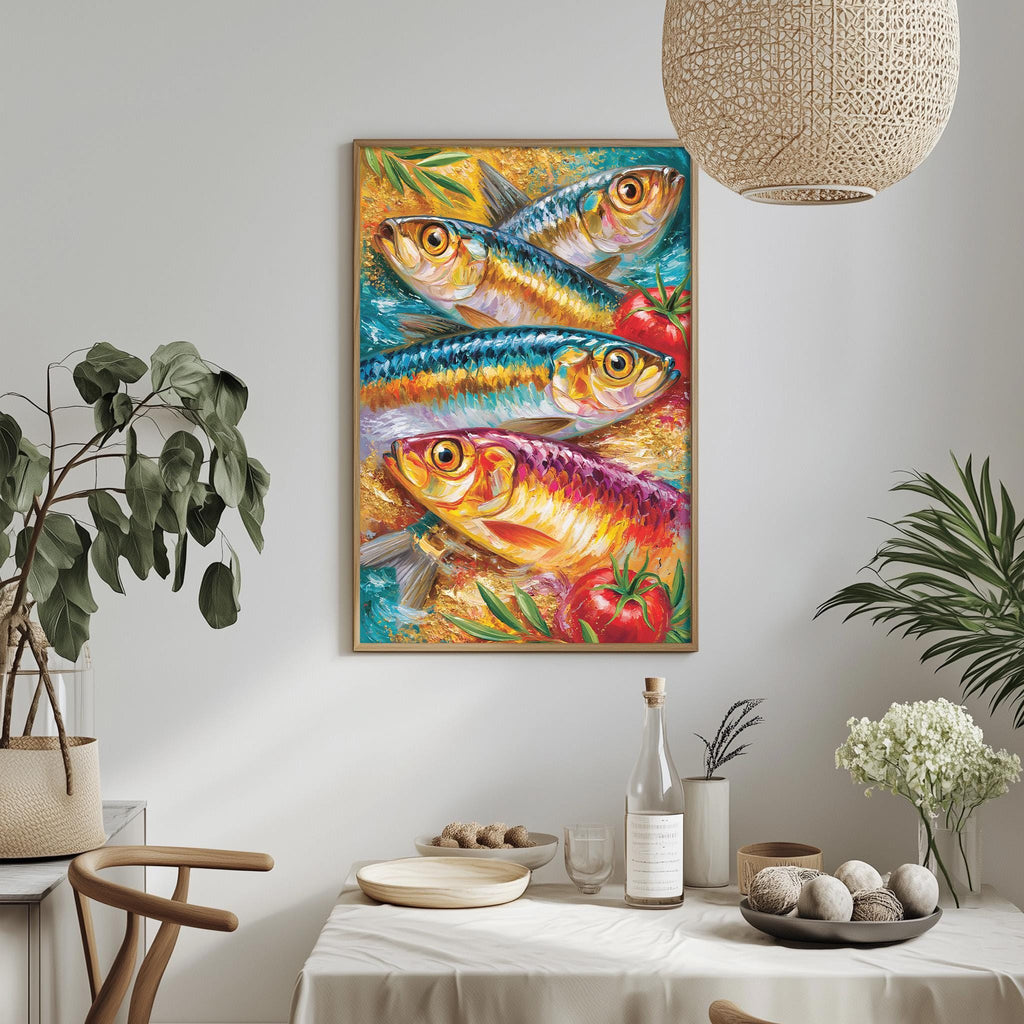 a vibrant painting of colorful fish on a wall, with a dining table and chairs in the foreground.