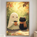 a cozy living room with a white couch, a wooden side table, and a lamp. A framed illustration of a ghost and a cat is hanging on the wall, depicting a whimsical scene of the two characters enjoying a drink together.