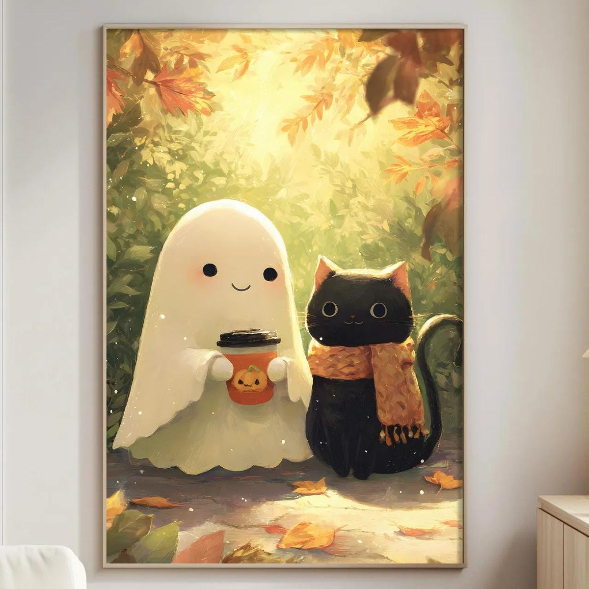 a cozy living room with a white couch, a wooden side table, and a lamp. A framed illustration of a ghost and a cat is hanging on the wall, depicting a whimsical scene of the two characters enjoying a drink together.