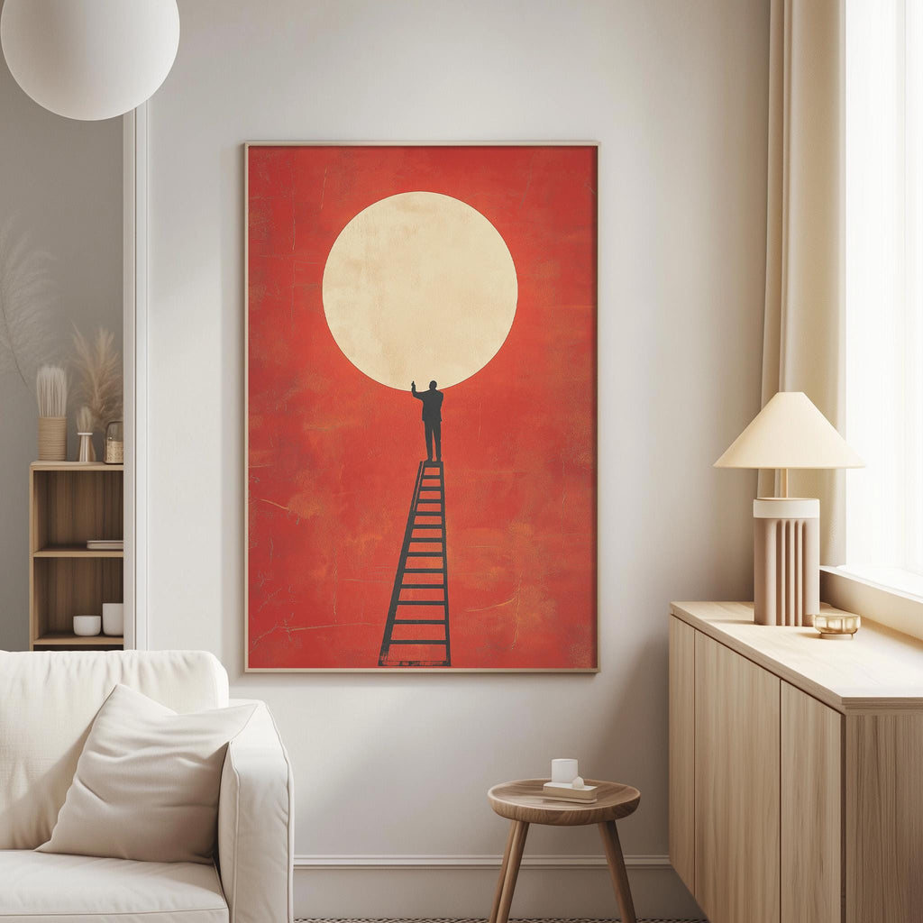 a person standing on a ladder, reaching up towards a large, red circle in the sky, which appears to be a sun or moon.