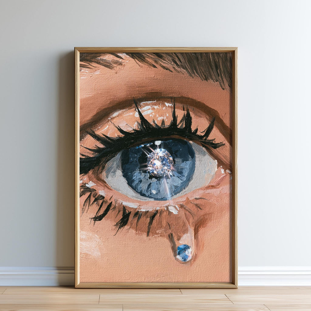 The image is a framed painting depicting a close-up of an eye with a tear streaming down its surface.