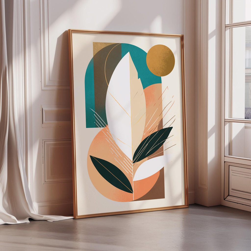 a large abstract painting with a geometric design, including a sun-like shape and various organic and geometric elements.