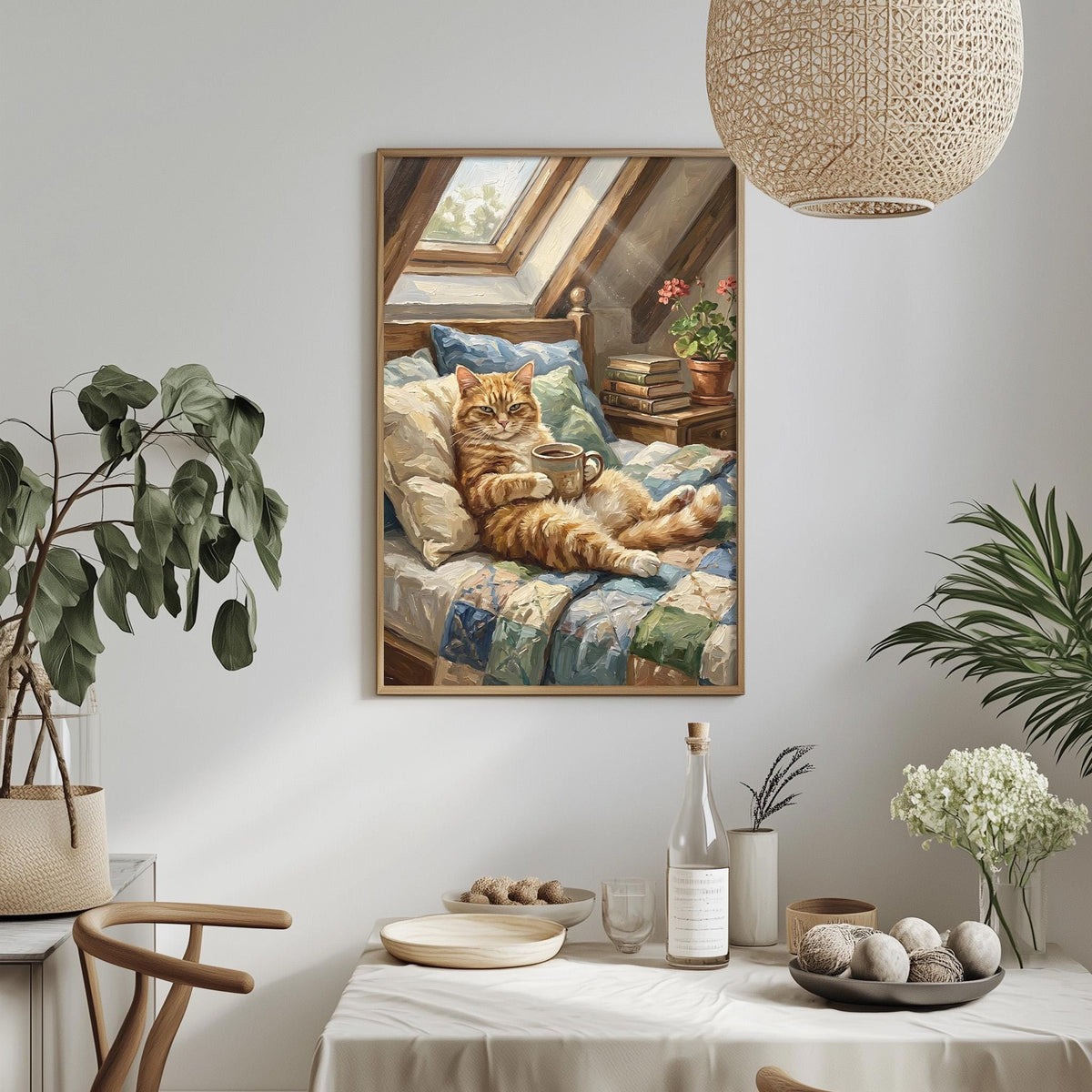 a cozy indoor setting with a framed painting of a cat lounging on a bed, surrounded by potted plants and other decorative elements.
