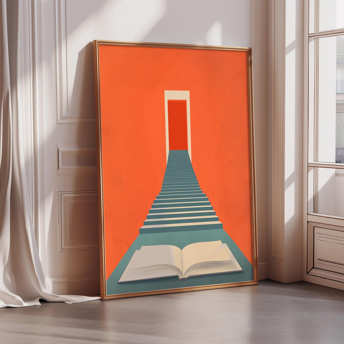a large framed artwork depicting a staircase leading up to a doorway, with an open book resting on the steps.