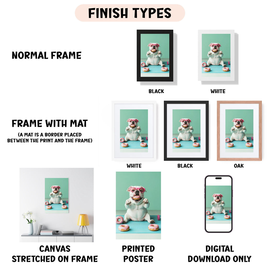 various finish types for a canvas print, including a normal frame, a frame with a mat, a white frame, a black frame, an oak frame, a white frame, a black frame, and a digital download only. The canvas print features a stuffed animal holding donuts, and the frame types are described in different styles, such as a stretched canvas on a frame and a printed poster.