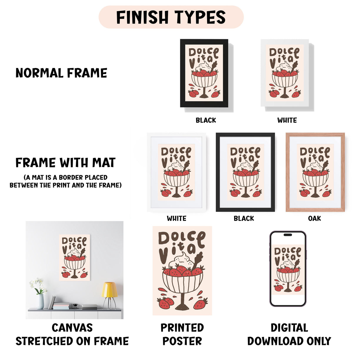 various finish types for a framed artwork, including a normal frame, a frame with a mat, a white frame, a black frame, an oak frame, a white canvas stretched on a frame, a printed poster, and a digital download only.