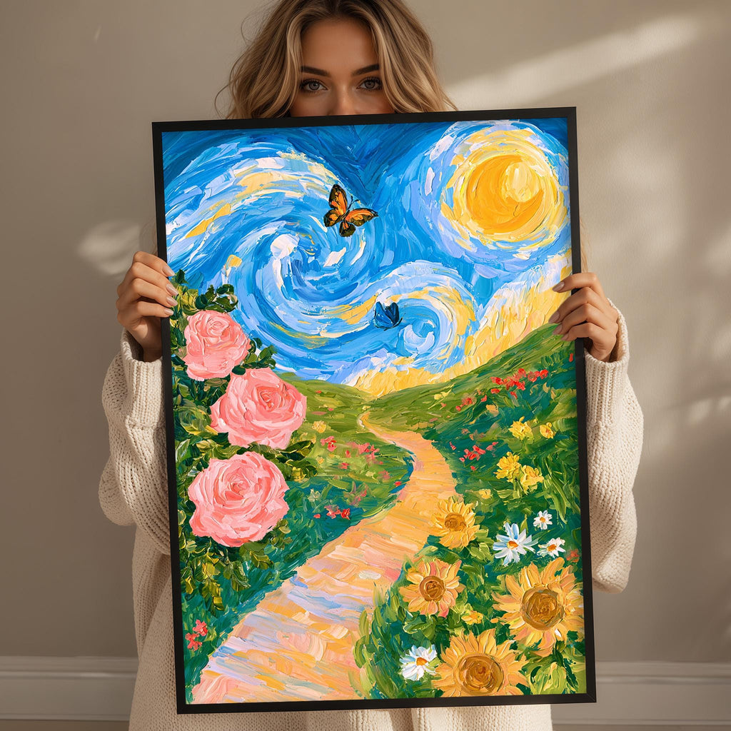 A woman holds up a framed painting depicting a vibrant landscape with a winding path, pink roses, yellow sunflowers, and a blue sky with a yellow sun.