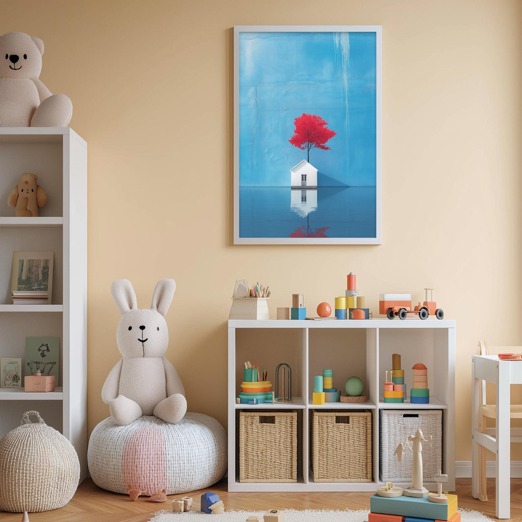 A cozy children's room with a white rabbit sitting on a bean bag chair, surrounded by shelves filled with toys and books, and a framed artwork depicting a house and a tree reflected in a body of water.