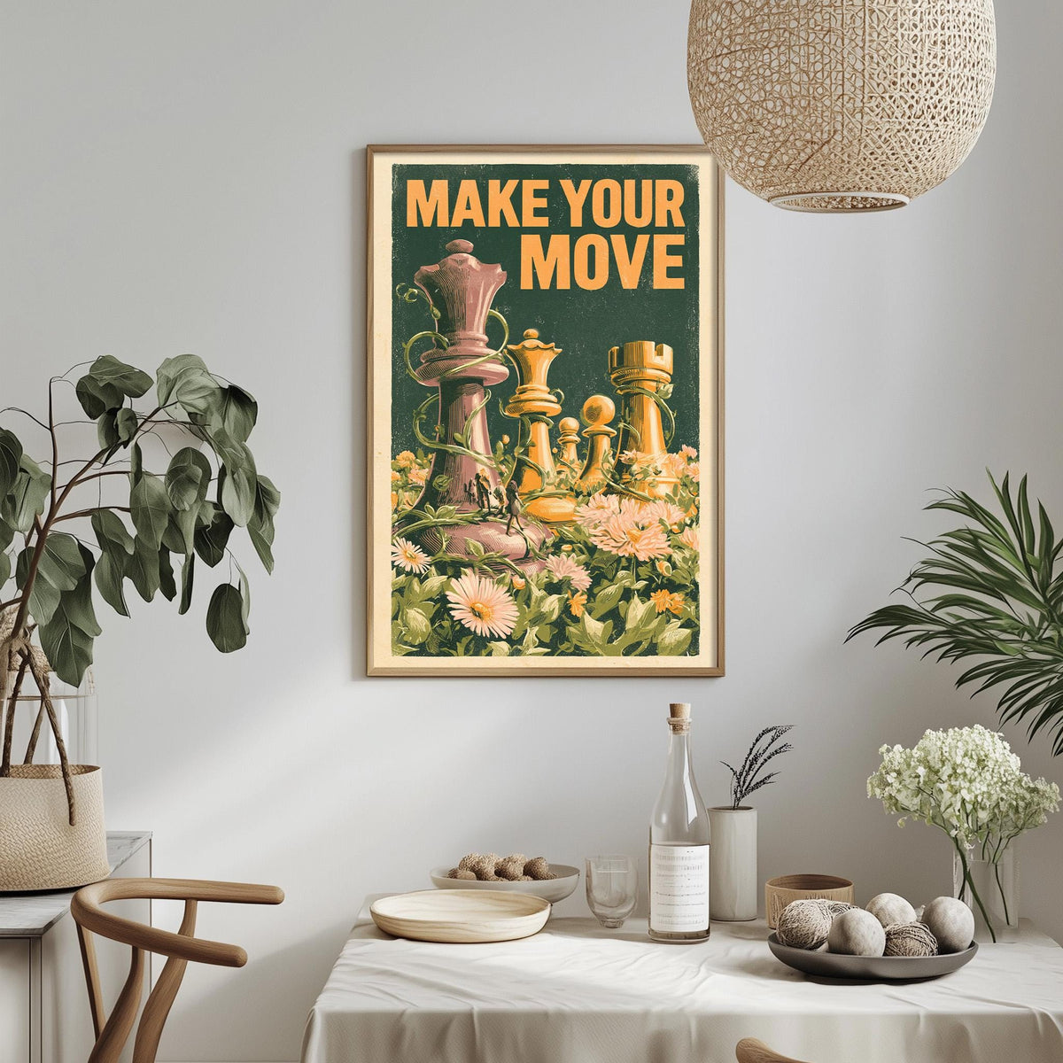 a framed poster with a chessboard and pieces, hanging on a wall above a dining table with various decorative items and plants.