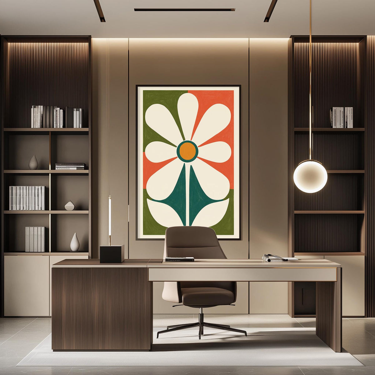 a modern and minimalist office space with a large abstract floral artwork on the wall, a wooden desk with a chair, and built-in bookshelves.