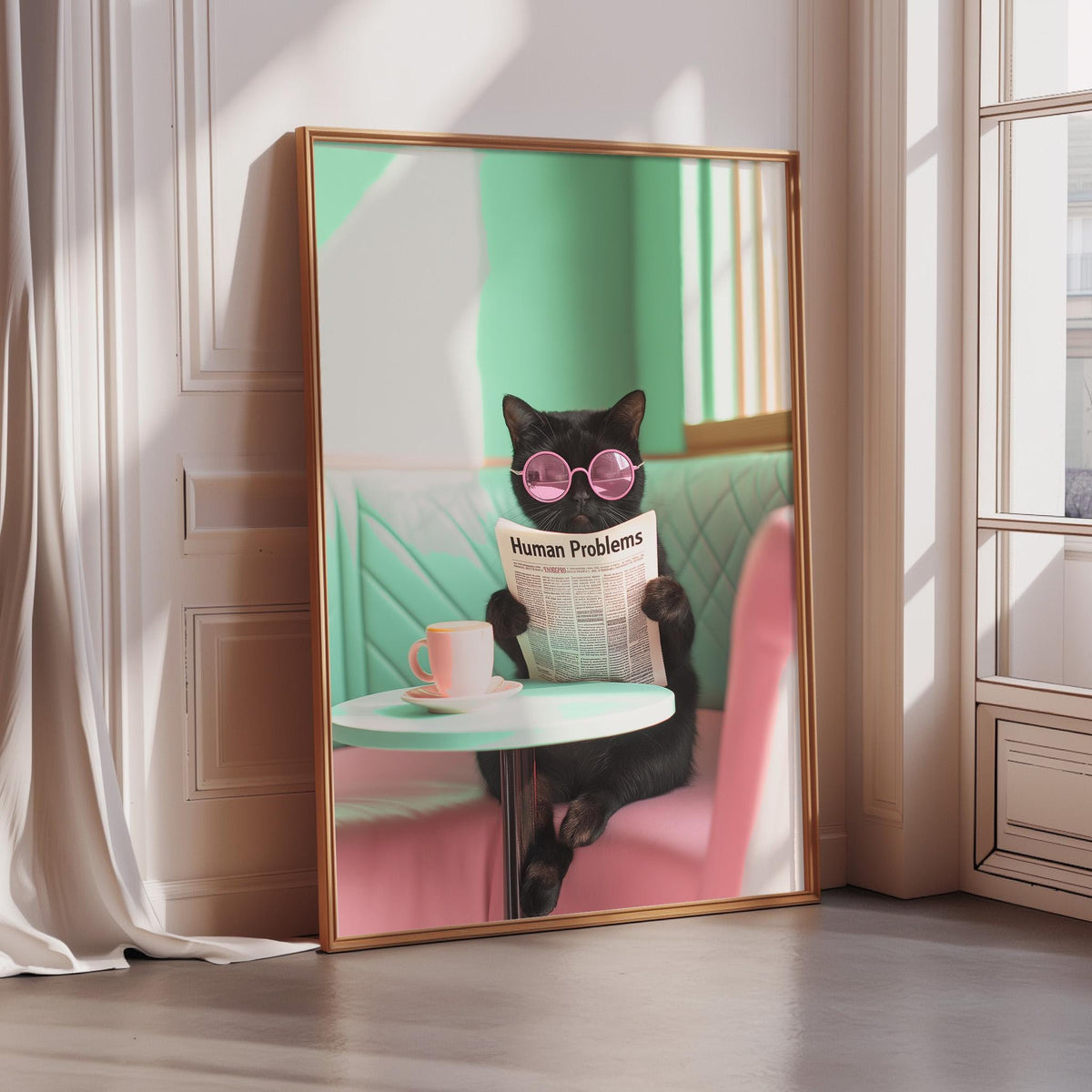 A black cat wearing sunglasses and holding a newspaper with the headline "Human Problems" is sitting at a table in a brightly lit room.