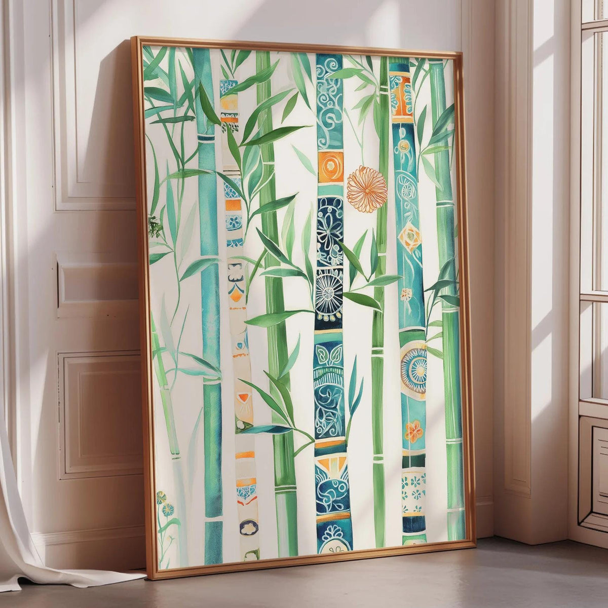 a large, framed painting of bamboo plants with a vibrant, colorful design.