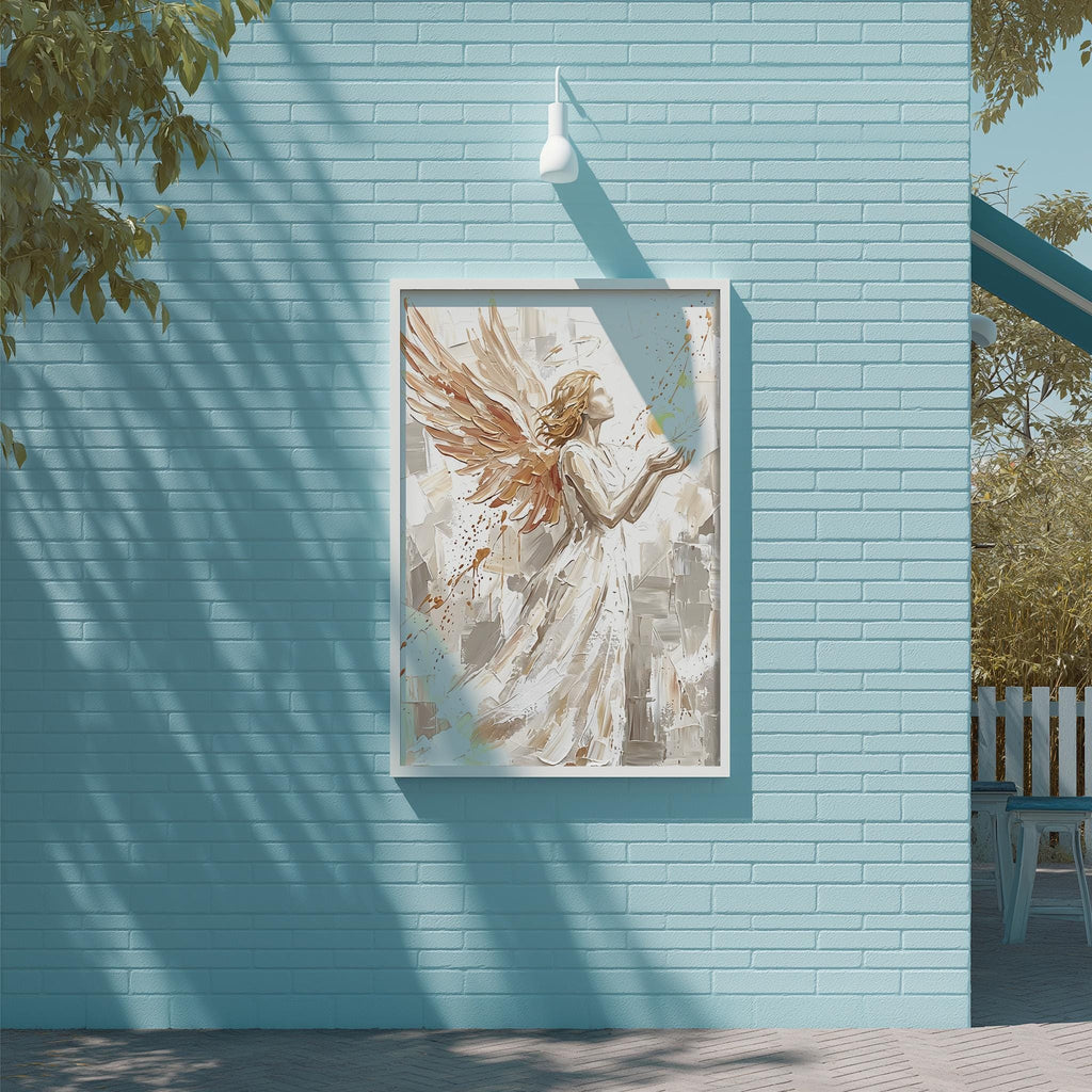 a large painting of an angel with outstretched wings, displayed on a blue brick wall.