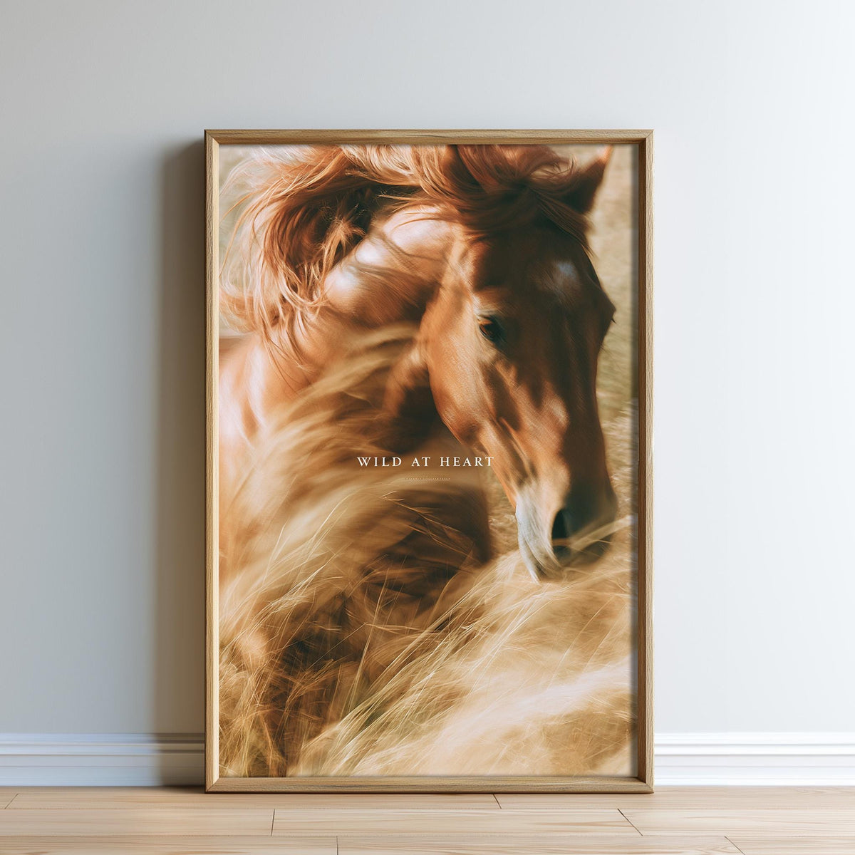 The image is a framed photograph of a horse's head, with the text "WILD AT HEART" written below it.