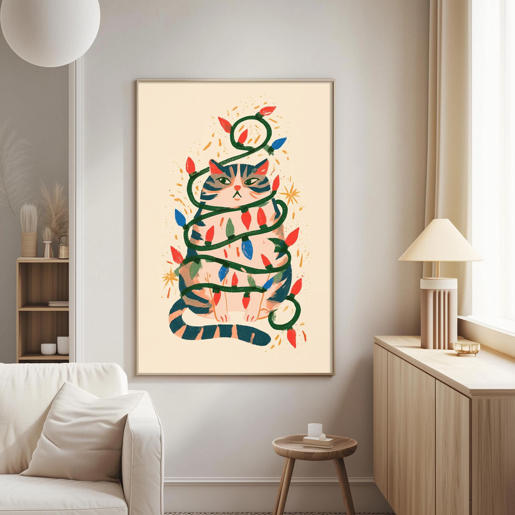a cozy living room with a white sofa, a wooden side table, and a lamp. The focal point of the room is a large framed picture of a cat wrapped in colorful lights, creating a festive and whimsical atmosphere.