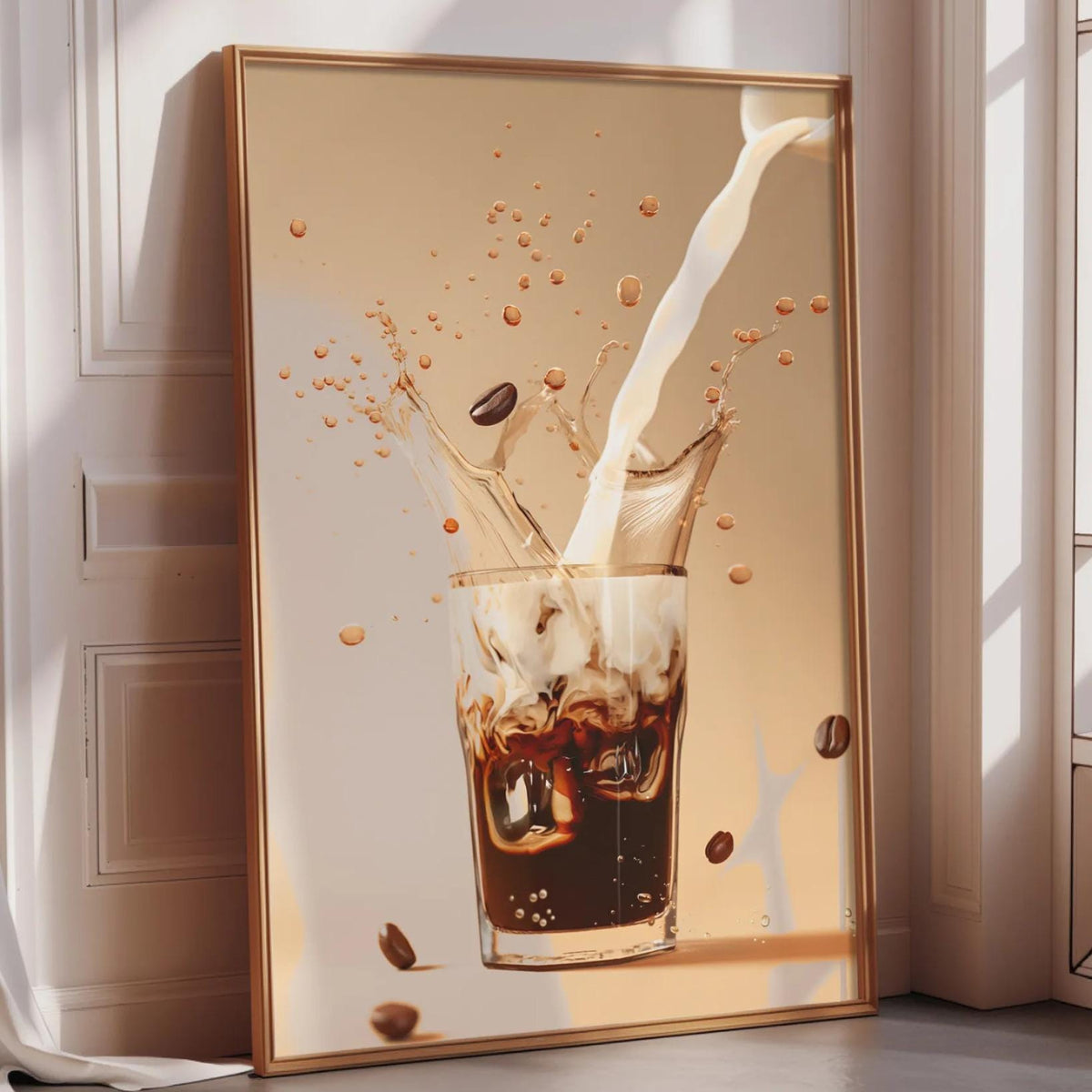 A framed image depicting a glass of coffee with a splash of liquid, possibly milk, and coffee beans scattered around it.