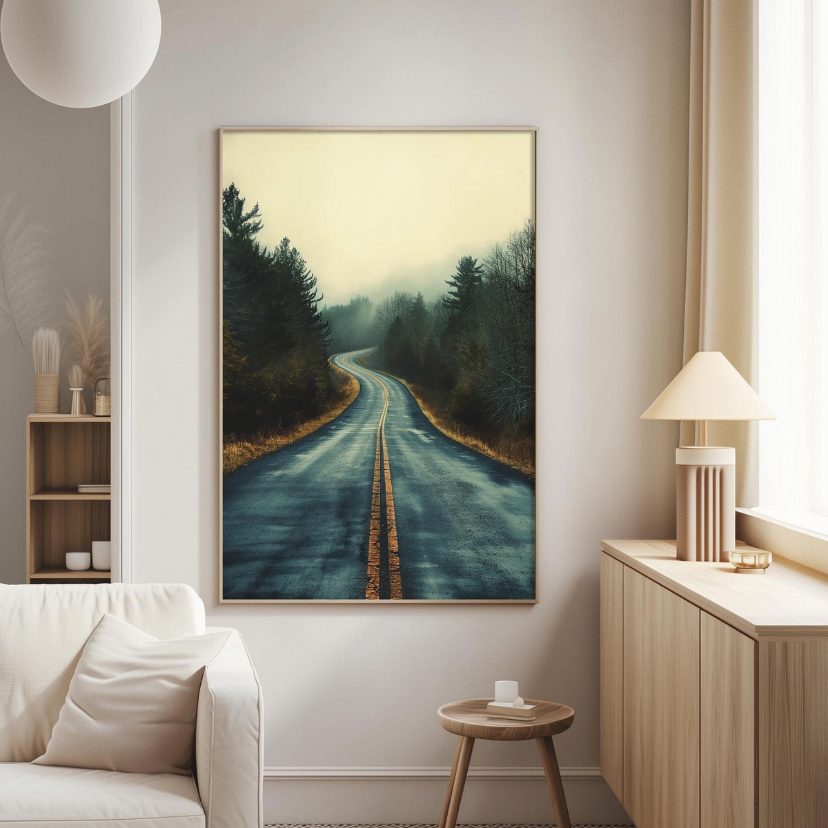 a serene landscape featuring a winding road surrounded by lush greenery and a misty atmosphere.