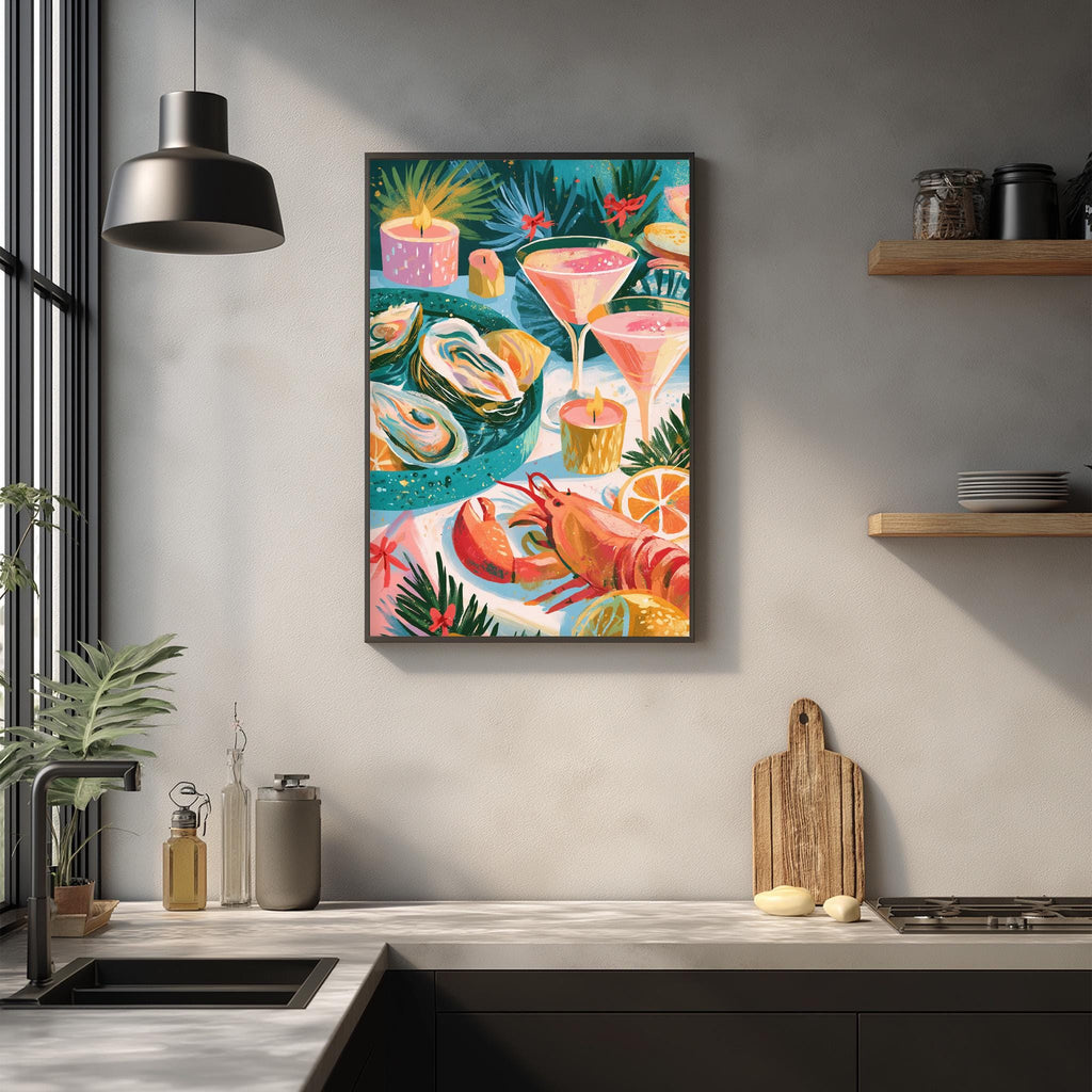 a vibrant and colorful painting of a seafood-themed still life, hanging on a wall above a kitchen counter.