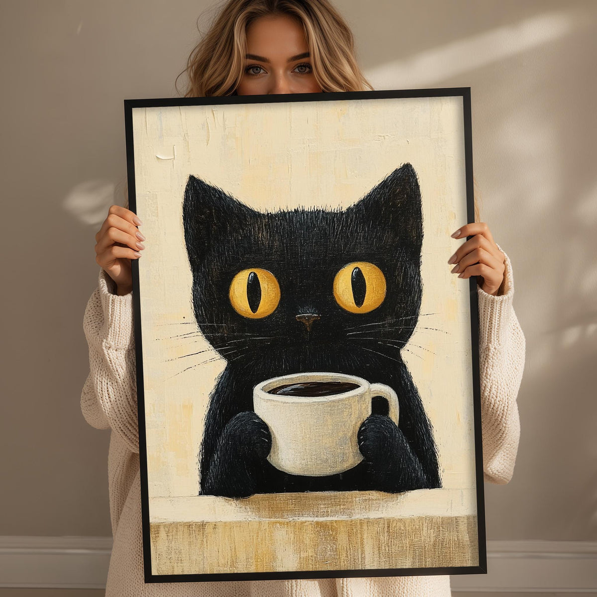 A woman holds a framed painting of a black cat with yellow eyes, sitting on a windowsill and holding a cup of coffee.