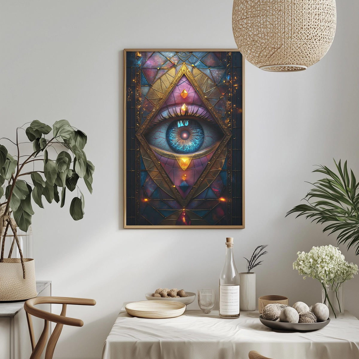 a large, colorful painting of an eye on a wall, with a dining table and chairs in the foreground.