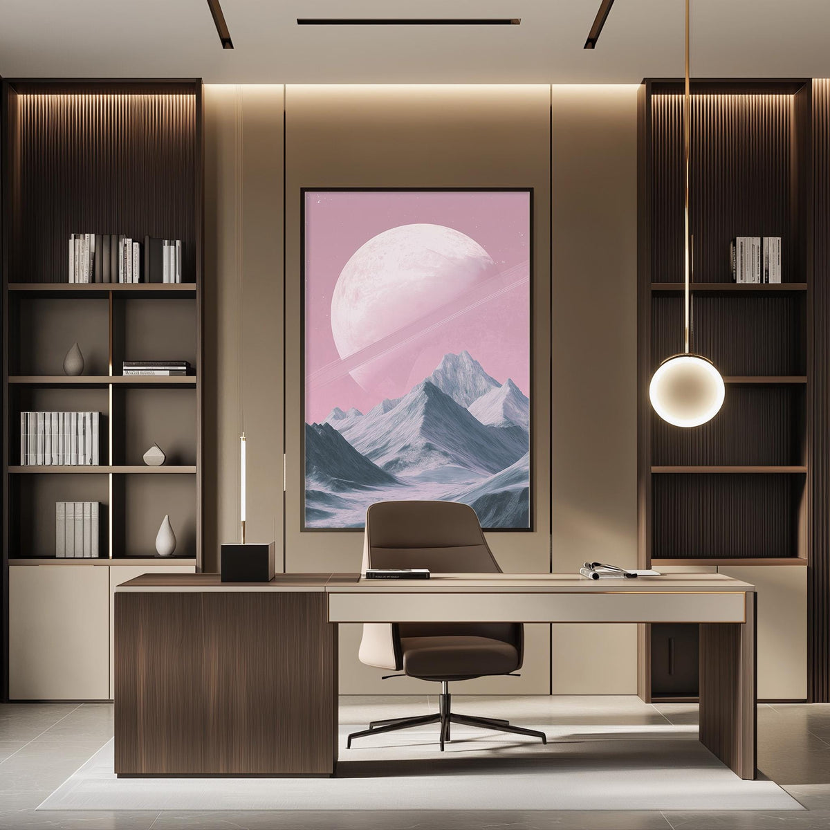 a modern and minimalist office space with a large framed artwork depicting a mountain landscape with a large moon in the background. The office has a wooden desk, a comfortable-looking chair, and a pendant light hanging above the desk. The overall design and decor create a serene and professional atmosphere.
