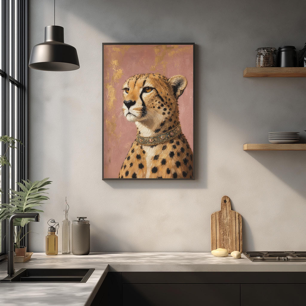 a cheetah, a large wild cat, in a framed artwork hanging on a wall above a kitchen counter.