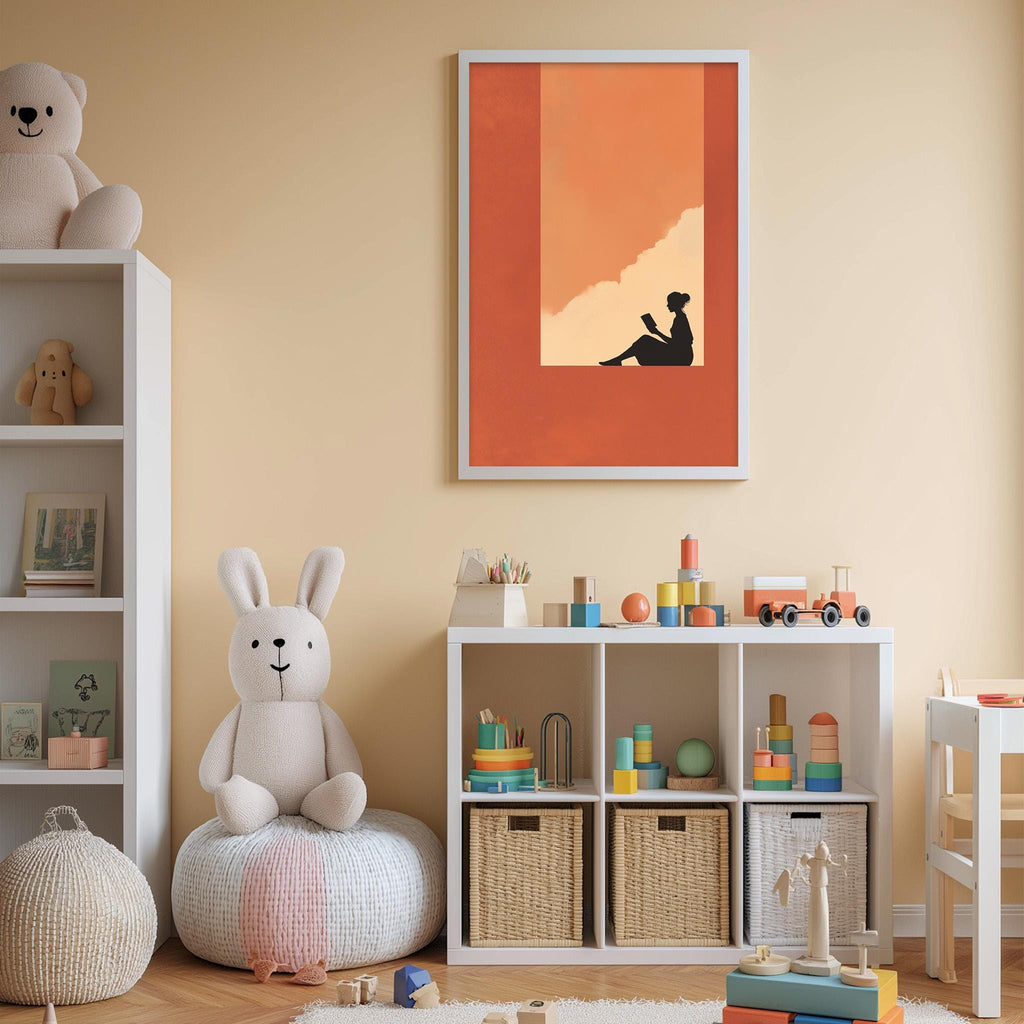 A cozy children's room with a white rabbit sitting on a bean bag chair, surrounded by shelves filled with toys and books, and a framed artwork depicting a woman sitting on a bench.
