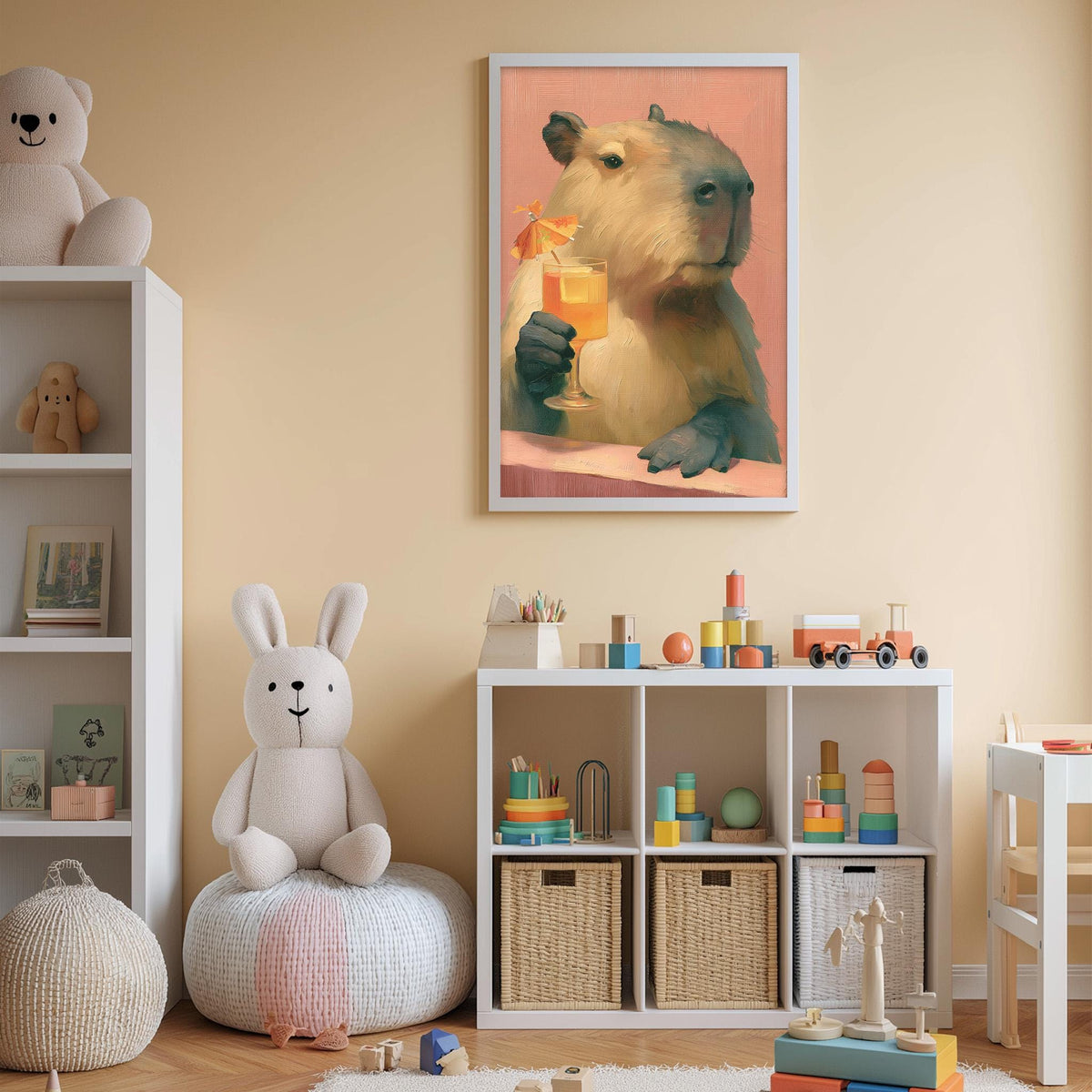 A child's bedroom with a white bookshelf, a stuffed rabbit, a toy car, and a framed picture of a capybara holding a glass of orange juice.