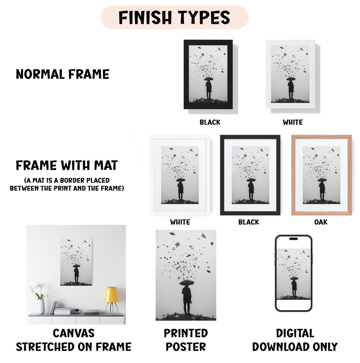 various framed artworks, including a canvas stretched on a frame, a framed poster, and a digital poster. The artworks are presented in different frame types, such as a normal frame, a frame with a mat, and a frame with a mat. The artworks are also described in terms of their finish types, including a normal frame, a black frame, a white frame, a black frame, an oak frame, a white frame, a black frame, and a digital download only.