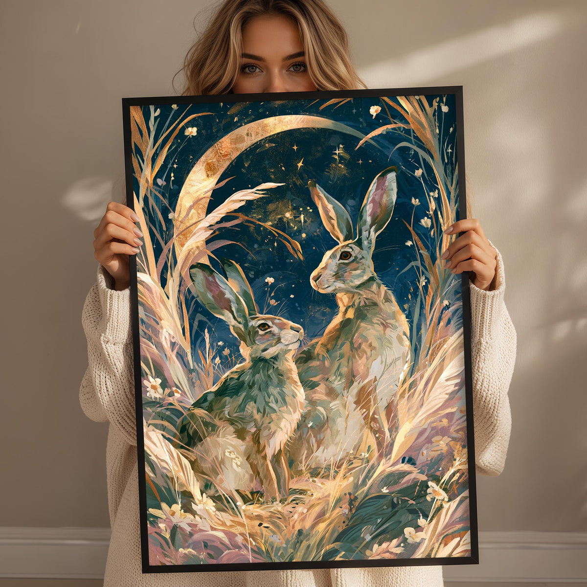 A woman holds up a framed painting depicting two rabbits in a lush, fantastical landscape with a crescent moon and stars in the night sky.