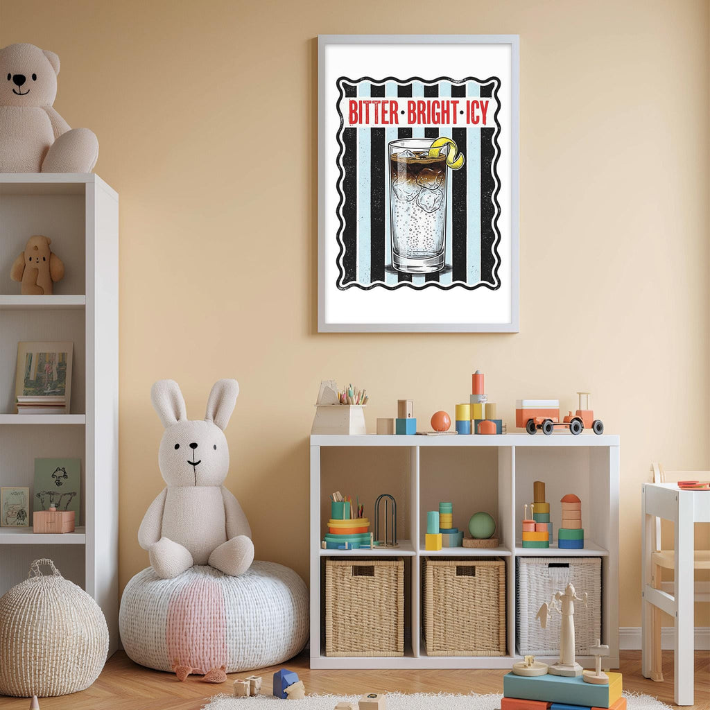 A child's bedroom with a white bookshelf, a stuffed rabbit, and a toy train. Above the bookshelf is a framed poster with the text "BITTER-BRIGHT-ICY" and an illustration of a glass of soda with a lemon slice.