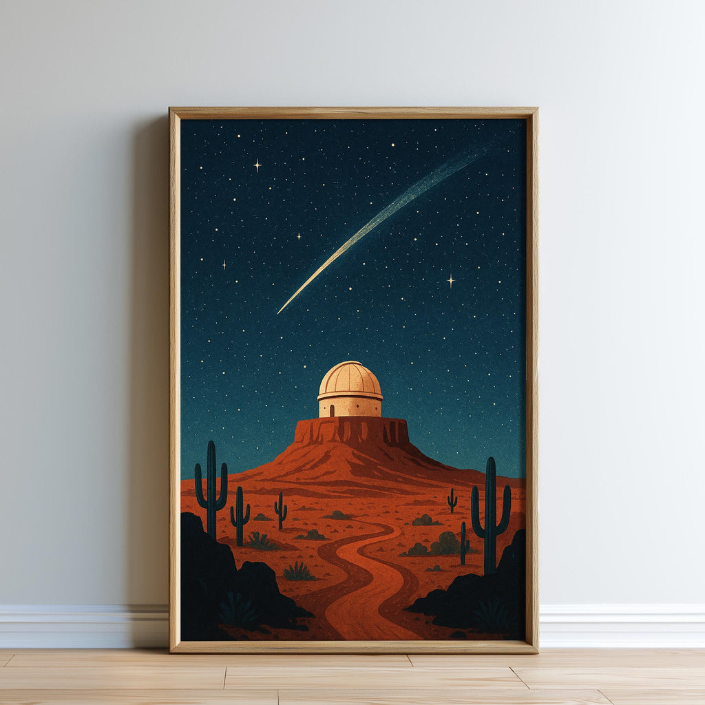 a desert landscape with a large dome-shaped structure, possibly a building or observatory, situated on a hill against a starry night sky.