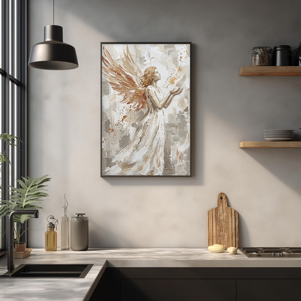 a framed painting of an angel with outstretched wings, hanging on a wall above a kitchen counter.