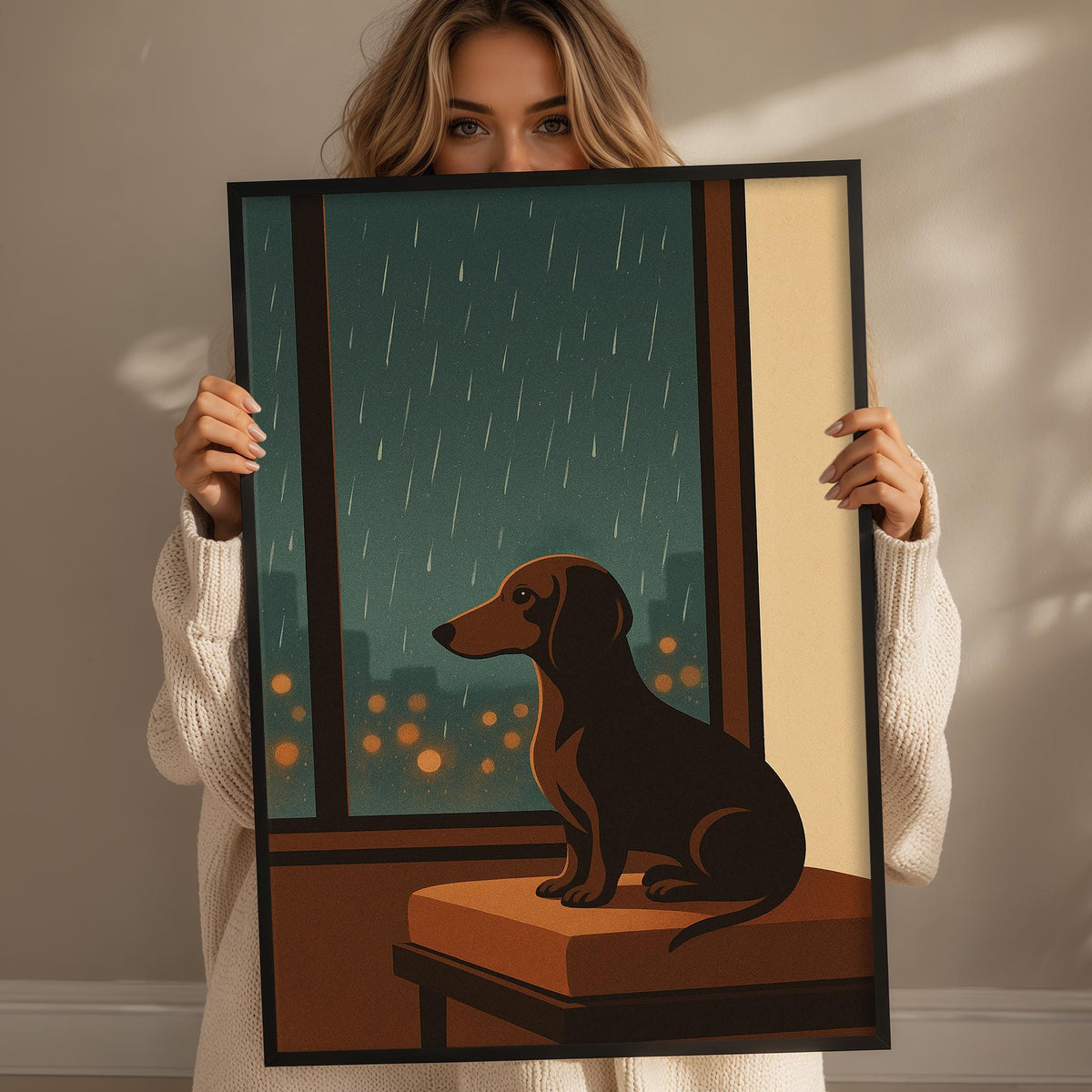 A woman holds up a framed illustration of a dog sitting on a bench, looking out a window at a rainy cityscape.