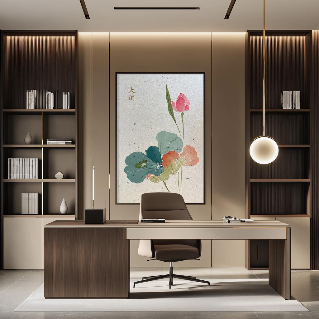a modern and well-designed office space with a large, colorful painting of flowers on the wall, a wooden desk with a chair, and built-in bookshelves.