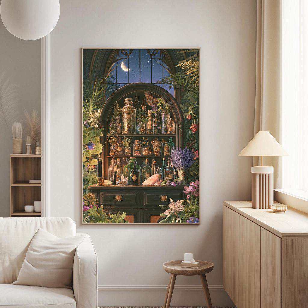 a cozy living room with a large painting of a shelf filled with various bottles and jars, surrounded by lush greenery and flowers, creating a whimsical and enchanting atmosphere.