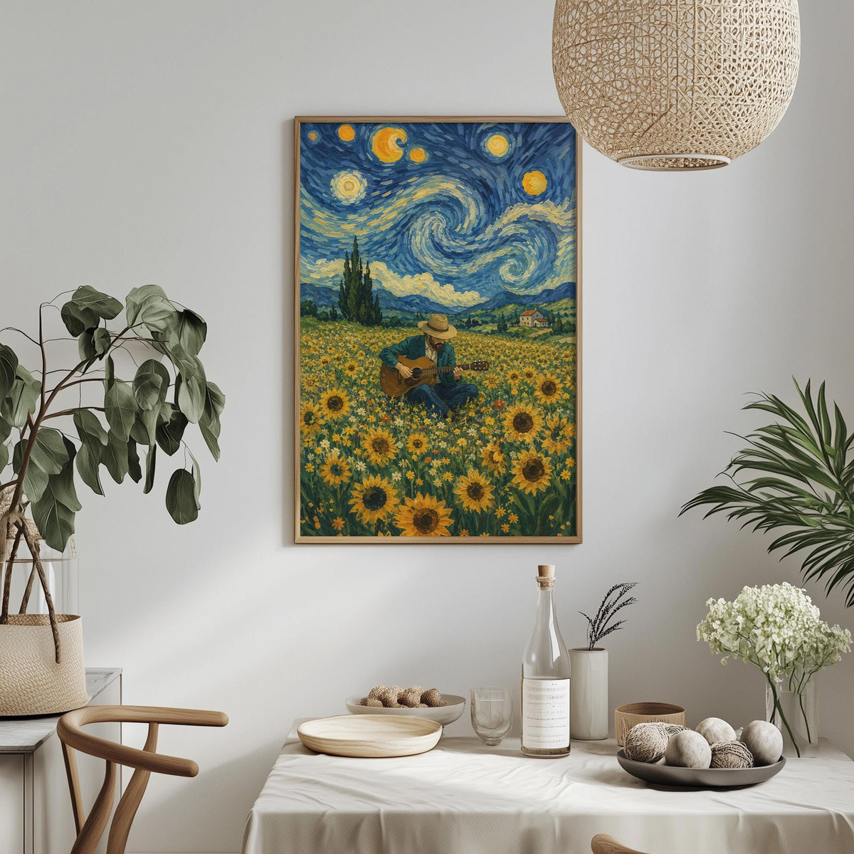 a painting of a field of flowers with a starry night sky in the background, hanging on a wall above a dining table.