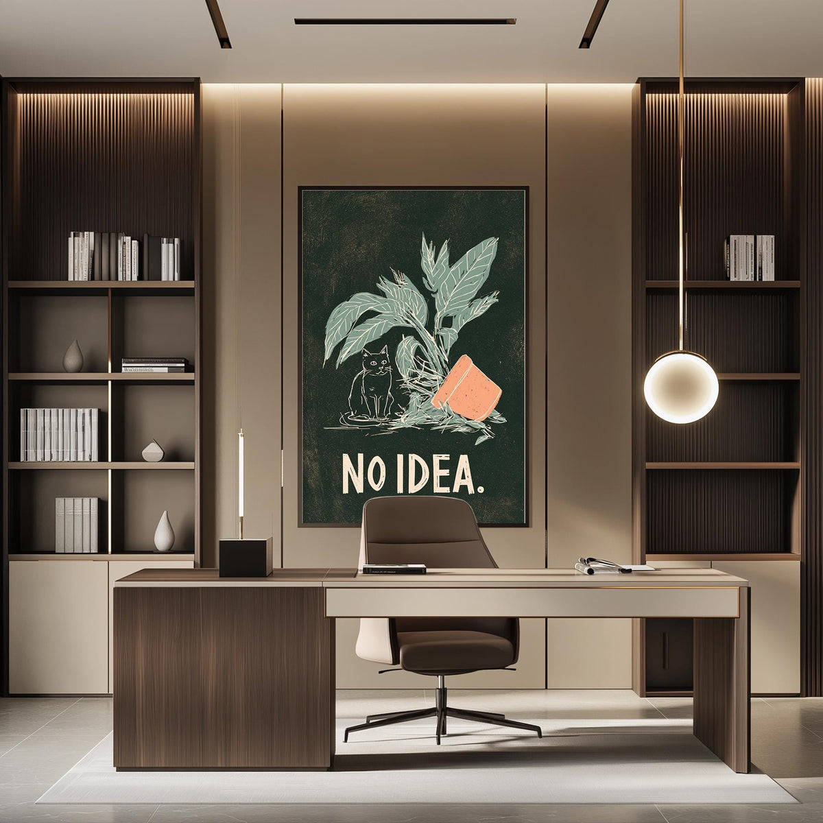 a modern office space with a desk, chair, and shelving units. A large poster with the text "NO IDEA" is displayed on the wall above the desk.
