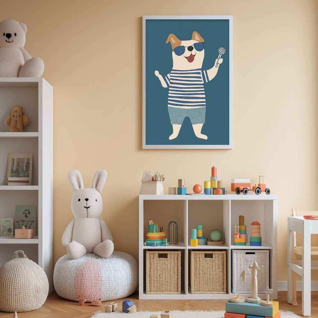 A child's bedroom with a white bookshelf, a stuffed rabbit, a toy train, and a framed illustration of a dog wearing sunglasses and holding a microphone.