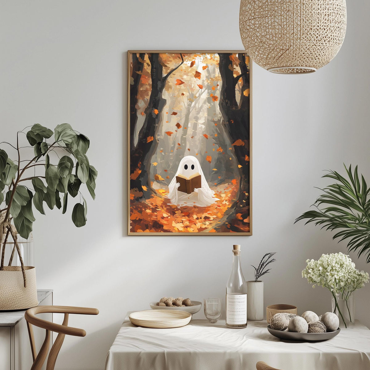a cozy and whimsical scene of a ghostly figure sitting in a forest, reading a book. The ghost is surrounded by falling leaves, creating a magical atmosphere. The room is decorated with potted plants, vases, and other home decor items, giving it a warm and inviting ambiance.