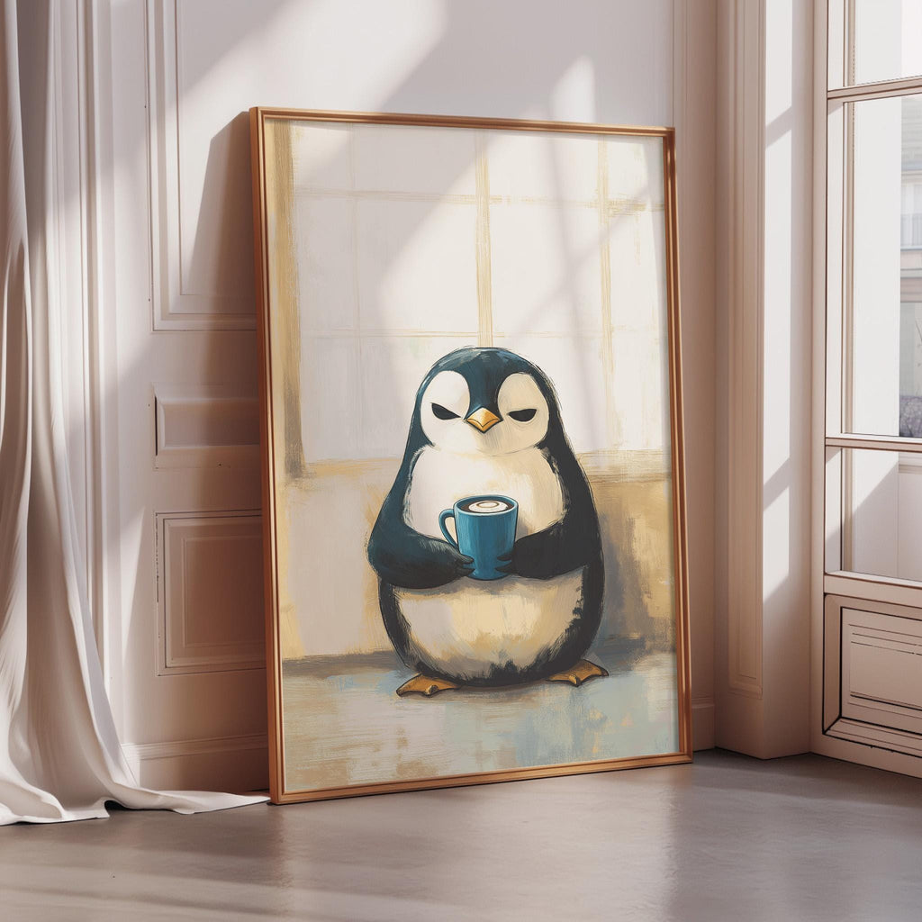 A framed painting of a penguin holding a cup of coffee, sitting on a windowsill in a cozy indoor setting.