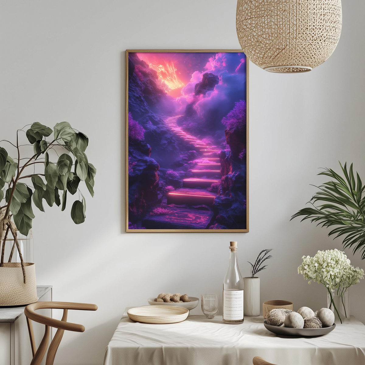 a serene and fantastical scene with a staircase leading up to a sky filled with clouds and vibrant colors. The staircase is illuminated by a glowing light, creating a sense of wonder and magic. The surrounding environment includes potted plants, a dining table, and various decorative items, such as a bottle, a bowl, and a vase. The overall atmosphere of the image is calm and inviting, with a touch of fantasy and imagination.